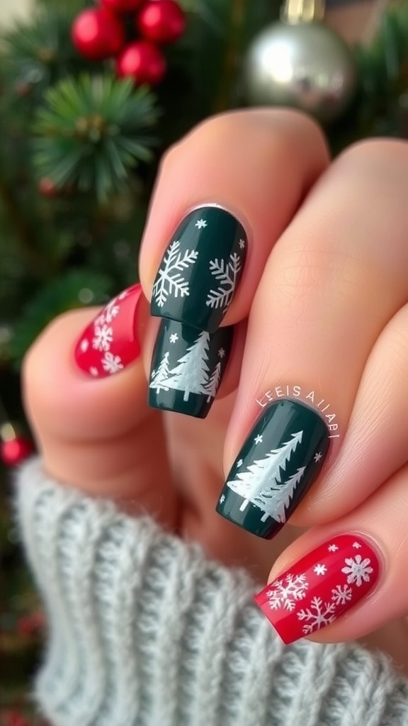 Emo Christmas nail art with dark green and red polish, featuring snowflakes and Christmas trees.